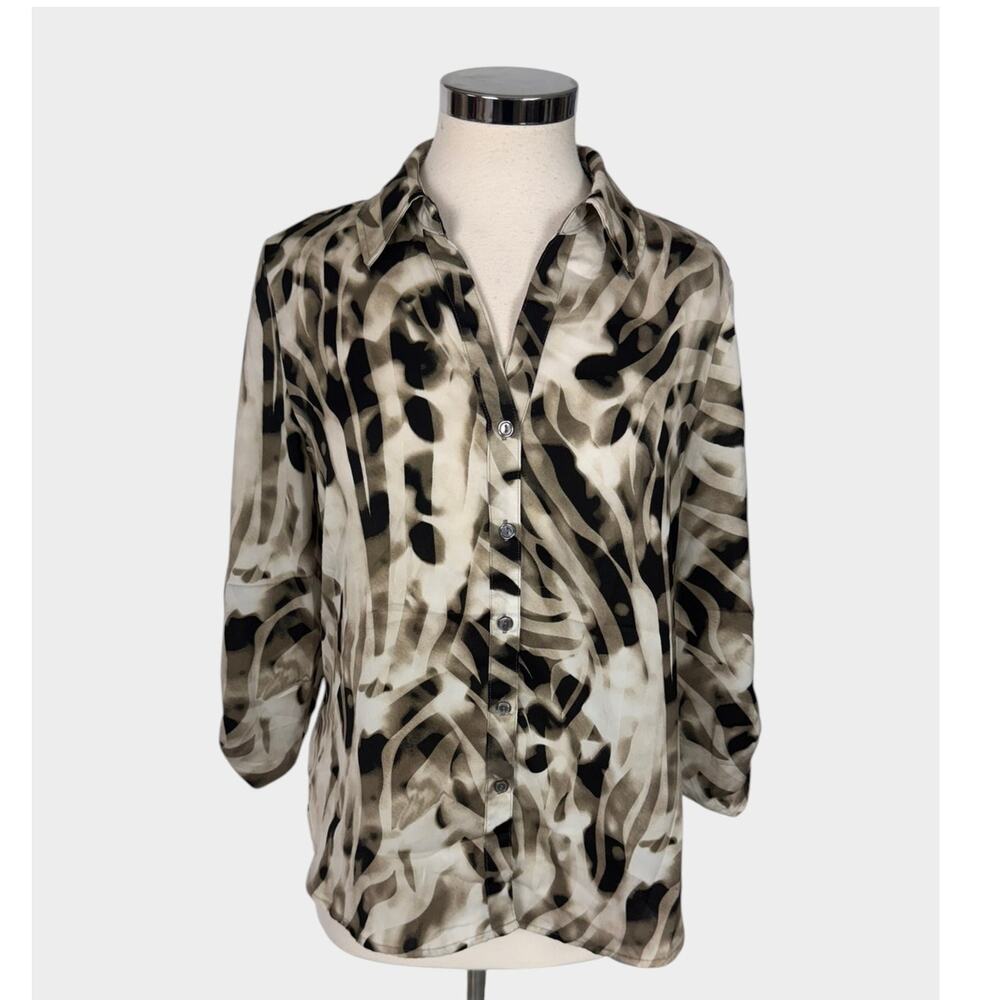 Chico's Sz 0 Small Semi-Sheer Button Down Blouse Abstract Animal Print Roll Tab